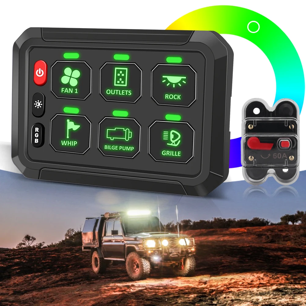 

12V-24V LED 6 Gang Switch Panel 720W-1440W Circuit Control Relay System Box Control Panel for Boat Jeep UTV Caravan