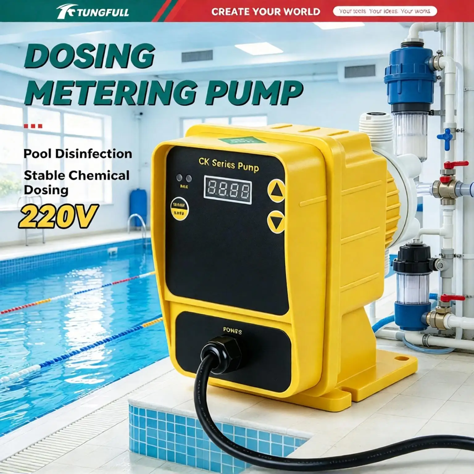 Solenoid Diaphragm Metering Pump Swimming Pool Chlorine Chemical Dosing Pump Adjustable Flow for Hotel Commercial Pool