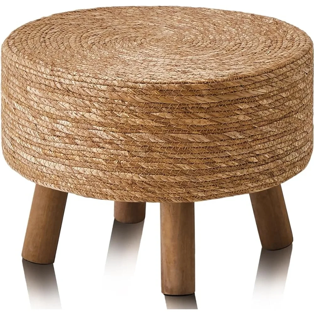 

Wimarsbon Pouf Ottoman, Round Footstool with 4 Wood Legs, Handmade Natural Straw Footrest, Accent Vanity Chair, Multifunctional