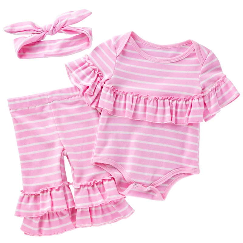 BCpionner-Ensemble d'été 3 pièces pour bébé fille, tenue coréenne à rayures mignonnes, manches courtes, costume de batterie en coton + pantalon + bandeau de sauna, vêtements pour nouveau-né