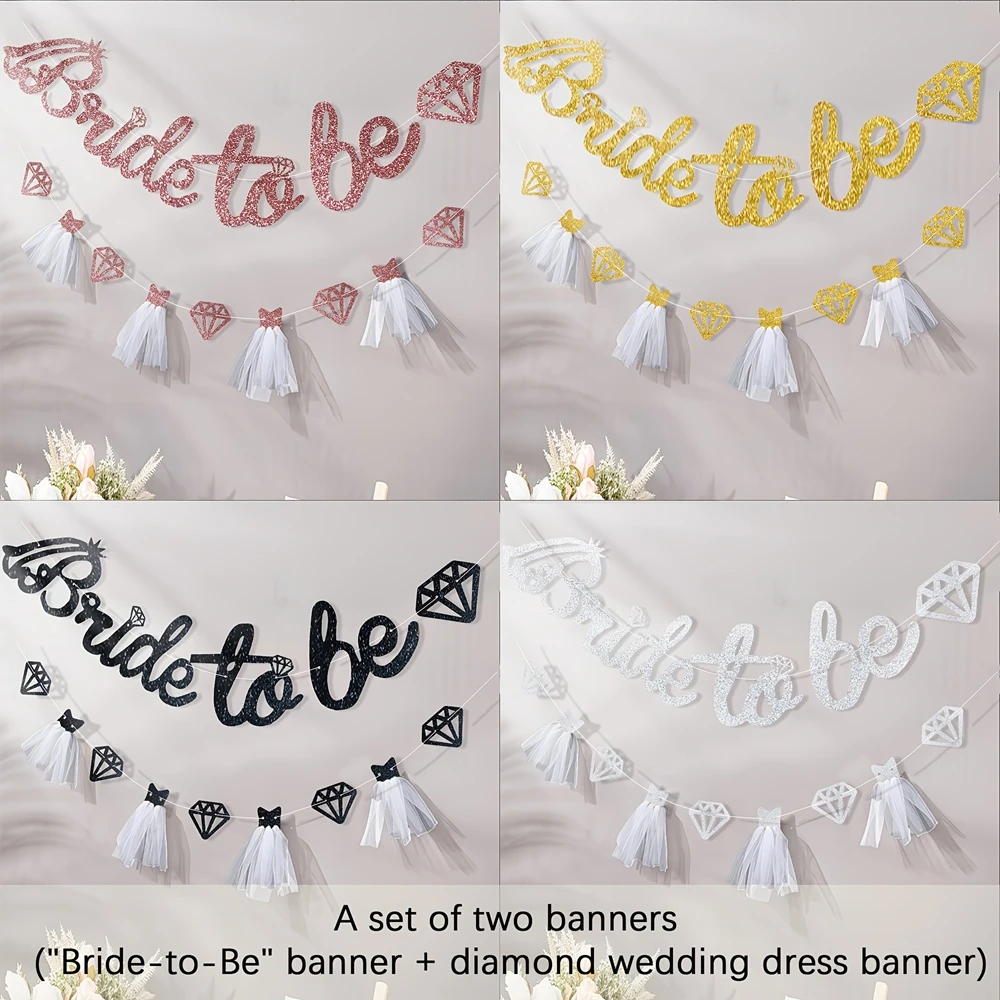 1 Set Glitzer-Banner „Bride To Be“ mit Tüllkleid und Diamantausschnitten, Papierbanner für Brautparty, Junggesellinnenabschied, Hochzeitsdekoration – Detail 6
