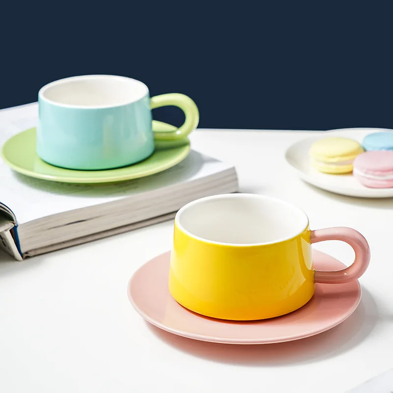 

250ML Ins Simple Contrasting Color Ceramic Coffee Cup Creative Set Home Office Mug Afternoon Tea Hanging Ear Coffee Cup Saucer