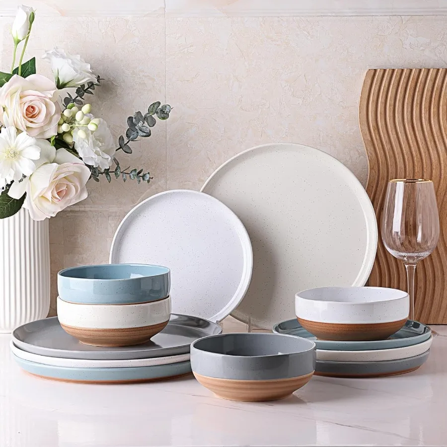 

Ceramic Dinnerware Sets for 4 Including 12 Pieces Handpainted Plates and Bowls with Rustic Terracotta Underside Scratch Resista
