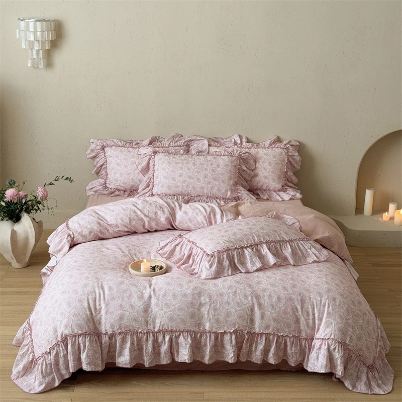 Rose Flower Print Lace Ruffles Princess Bedding Set Double Layer Yarn 100% Cotton Duvet Cover Flat/Fitted Sheet Pillowcases 4Pcs