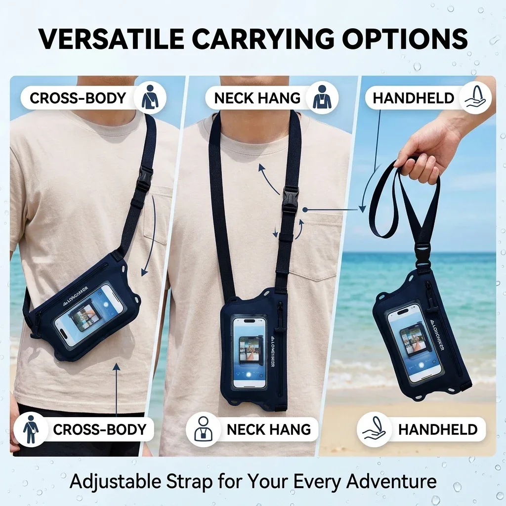 Tas Ponsel Tahan Air, Tas Selempang Layar Sentuh Mengapung, Oranye Hitam Abu-abu, Tas Kering untuk Berenang, Snorkeling, Menyelam, Pantai