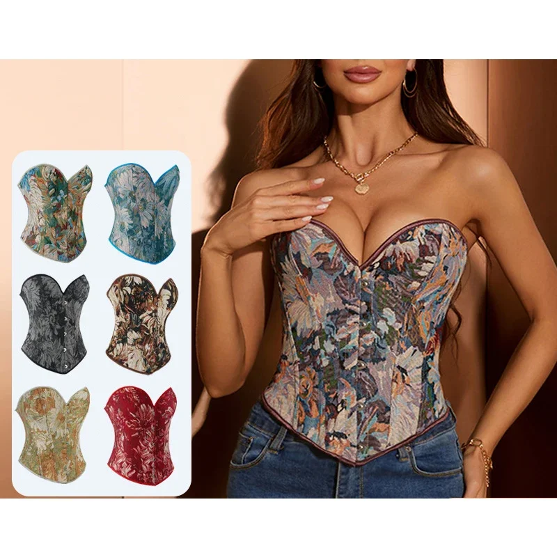 

Women's Sexy Overbust Vintage Renaissance Denim Corset Floral Pattern Bustier Top Lace Up Waist Cincher Boned Shapewear Lingerie