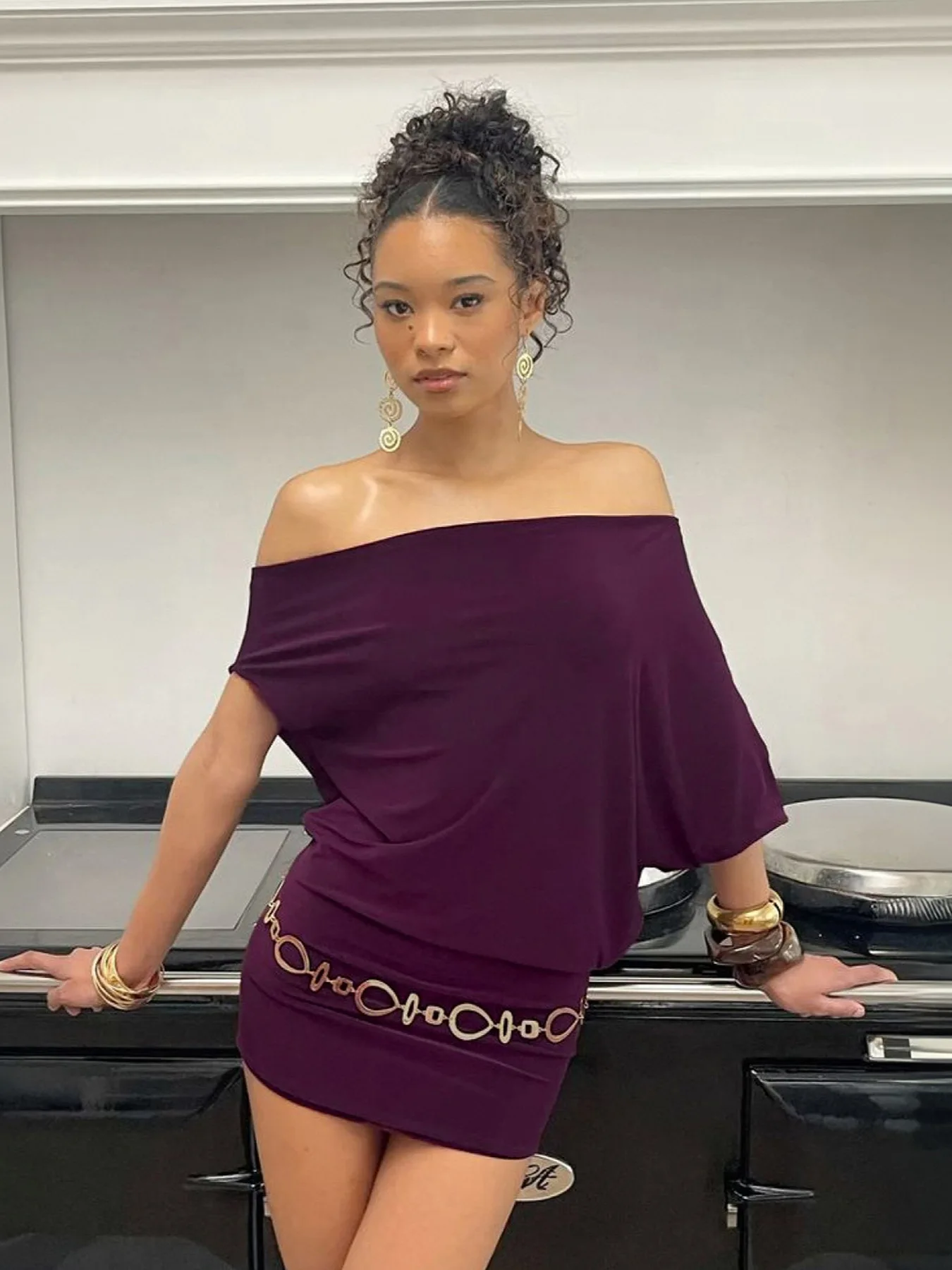 Elegant off-the-shoulder two-piece batwing single-color loose-fitting slimming irregular short style drapey dress for women