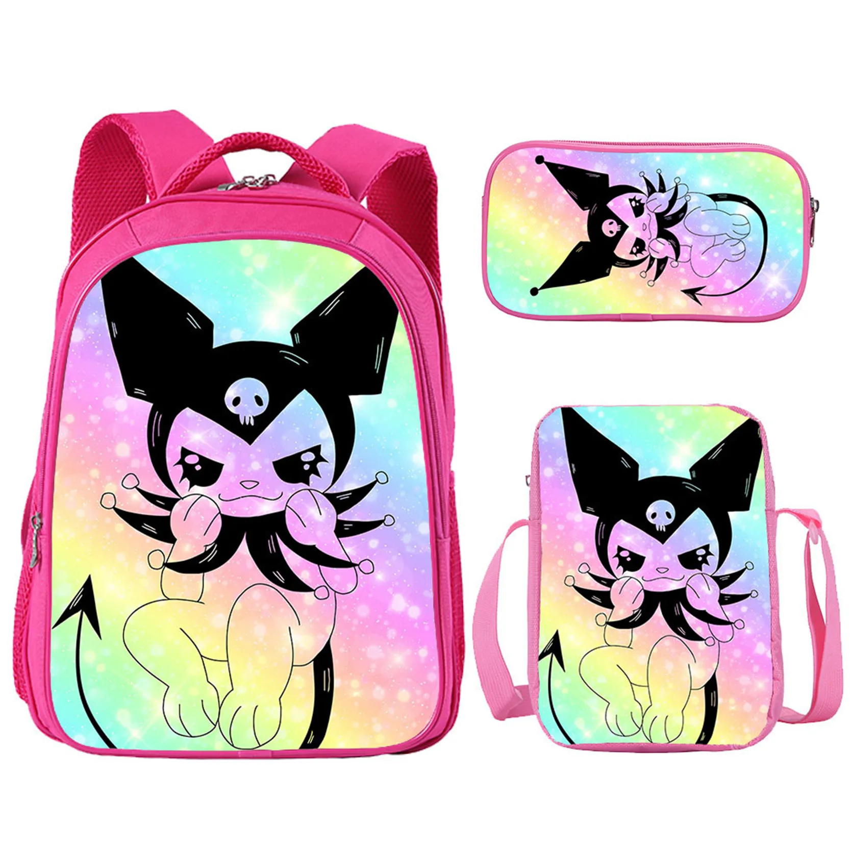 

Boys Girls Kuromi Cute Knapsack with Cartoon Shoulder Bag Pencil Box 3 in 1 Set-Large Capacity Backpack for Student