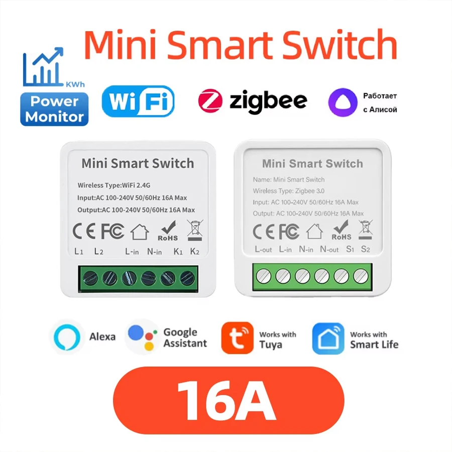 

Tuya WiFi Zigbee 3.0 Mini Smart DIY Switch 2-стороннее управление Реле умного дома Автоматизация выключателя работает с Alexa Google Home Яндекс