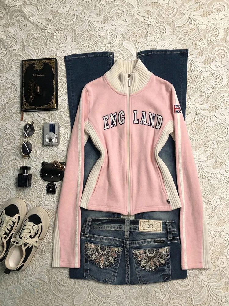 

Розовый кардиган-жакет с длинными рукавами, принтом-буквой и воротником-стойкой, для женщин, стройнящий, модный, весенний