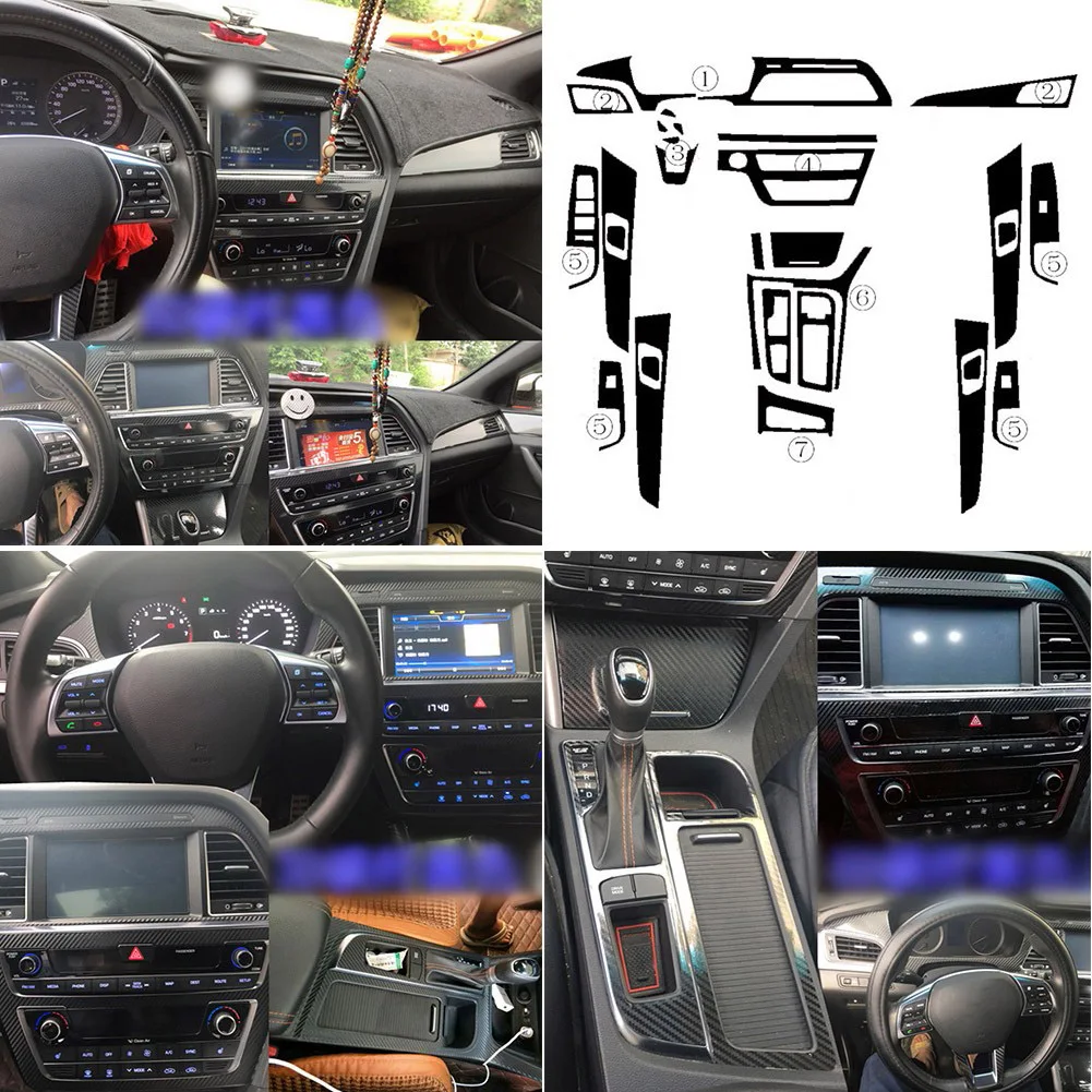 

Наклейки 3D для Hyundai Sonata 9 2015-2017, черное углеродное волокно, покрытие центральной консоли автомобиля, молдинг интерьера