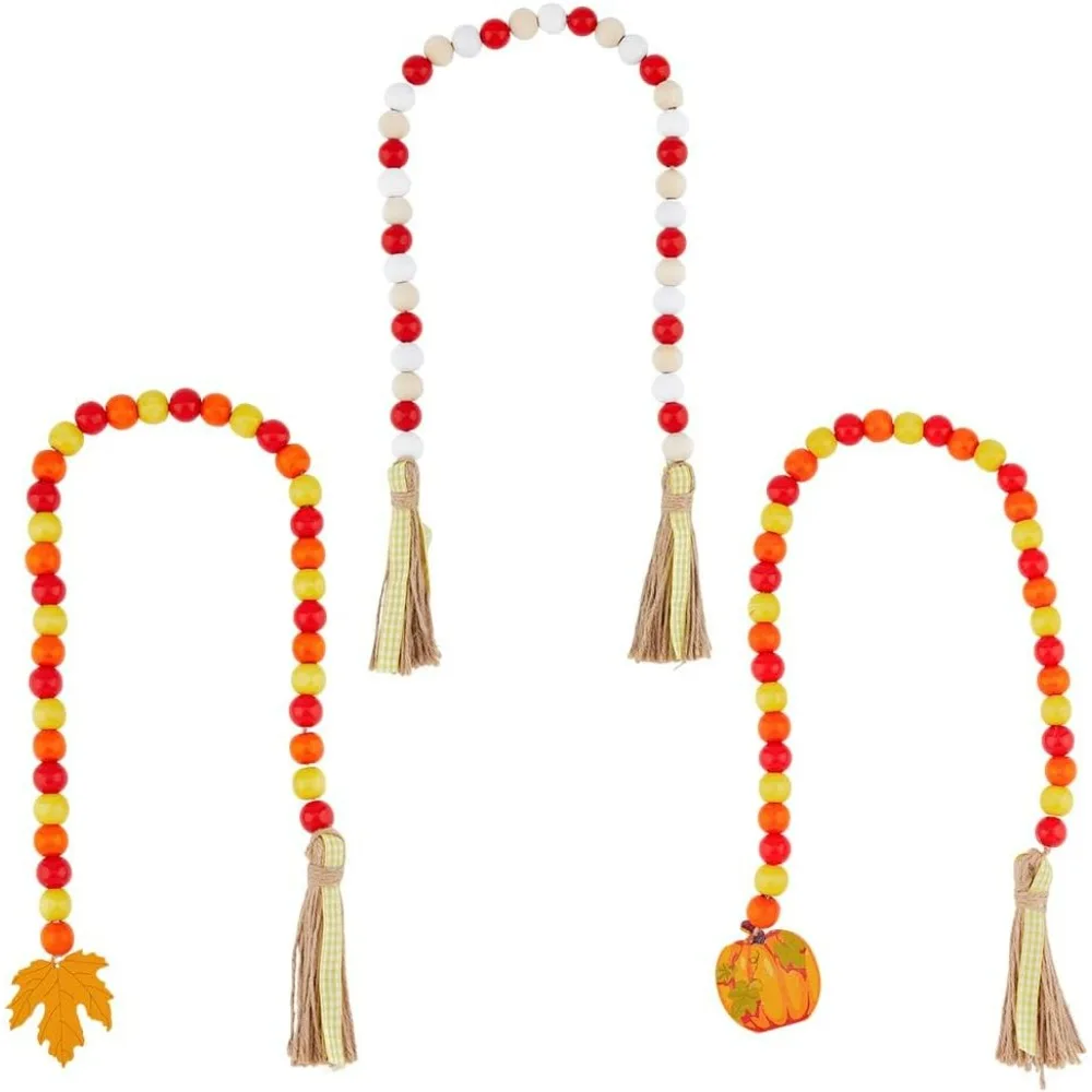 3Pcs 3 Style Halloween Wood Beads Garland with Tassel Wood Bead Chains with Pumpkin and Maple Leaf Pendant Farmhouse Home