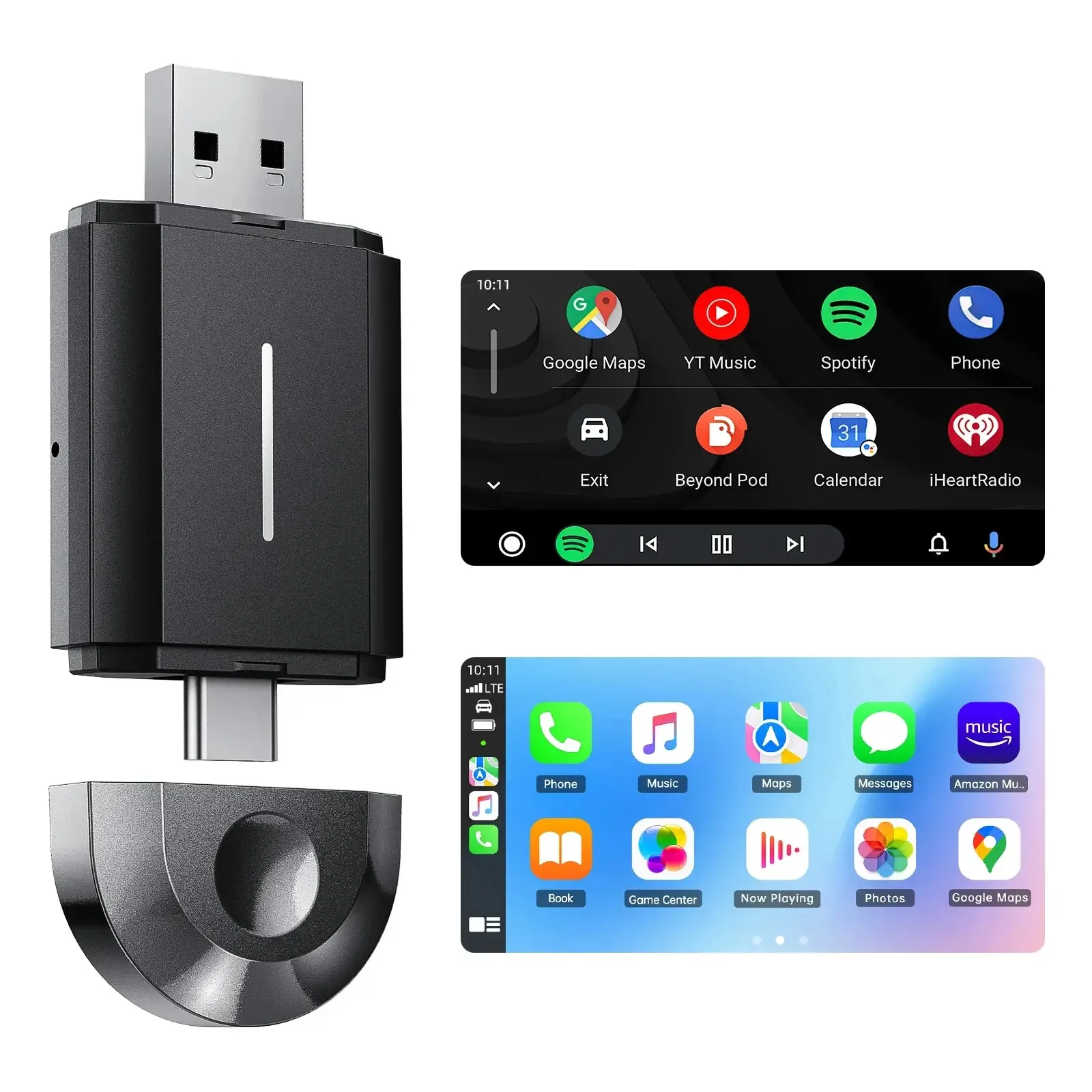 2 in 1 Wireless CarPlay Adapter&Android Auto Wireless Adapter, 5Ghz WiFi Type-C/USB Plug & Play Carplay Wireless Adapter