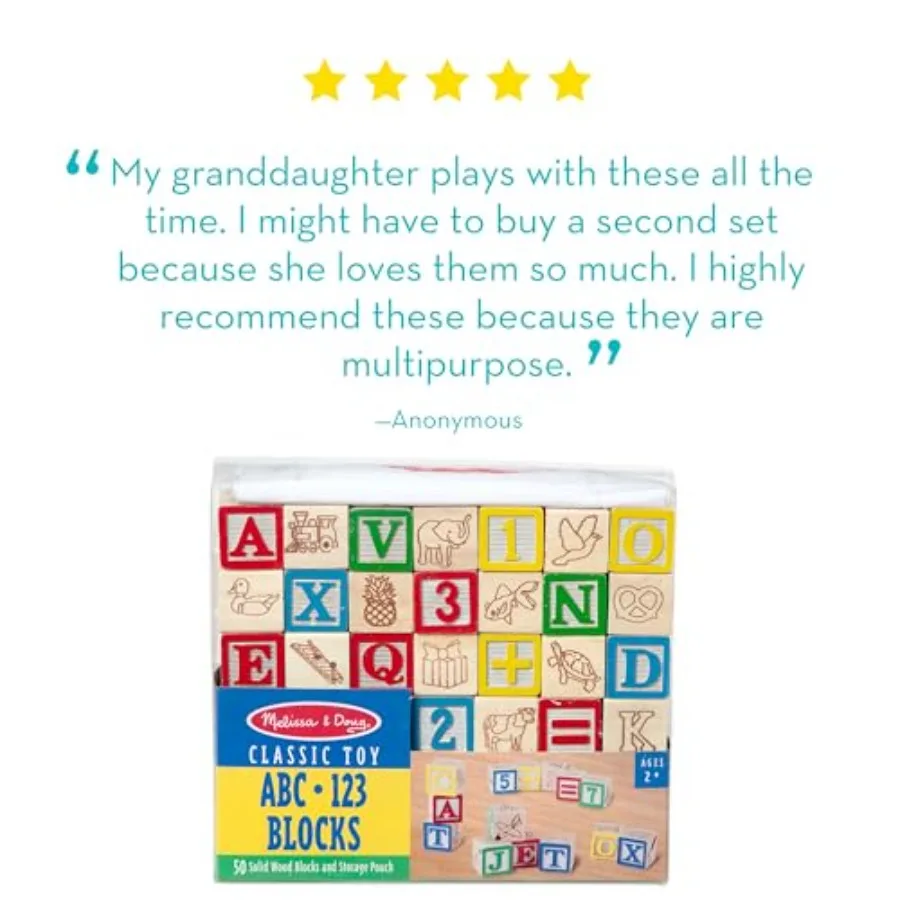 Melissa Doug Deluxe Juego de bloques de madera ABC 123 de 1 pulgada con bolsa de almacenamiento 50 piezas de bloques de construcción educativos para niños pequeños y pres