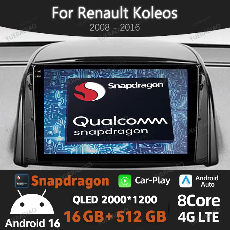 Rádio Automotivo Android 16 para Renault Koleos 2008 - 2016, Reprodutor Multimídia de Vídeo, GPS NAVI, 4G WIFI, Tela 2K, Central Multimídia com Carplay e Auto BT