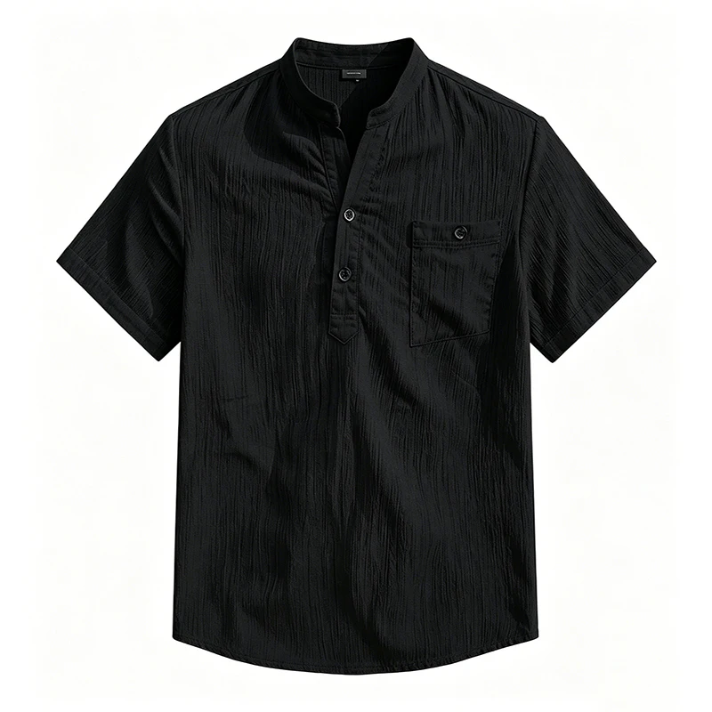 Camisa Henley Masculina de Manga Curta 2026 Nova com Gola Alta e Bolso, Caimento Solto, Ideal para Verão, Praia e Uso Diário Casual