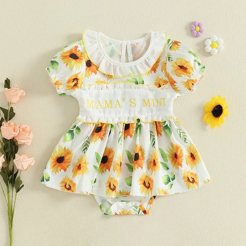 

Baby Girls Romper Dress Casual Floral Print Letter Embroidery Short Sleeve Newborn Jumpsuit Toddler Cute Summer Clothes