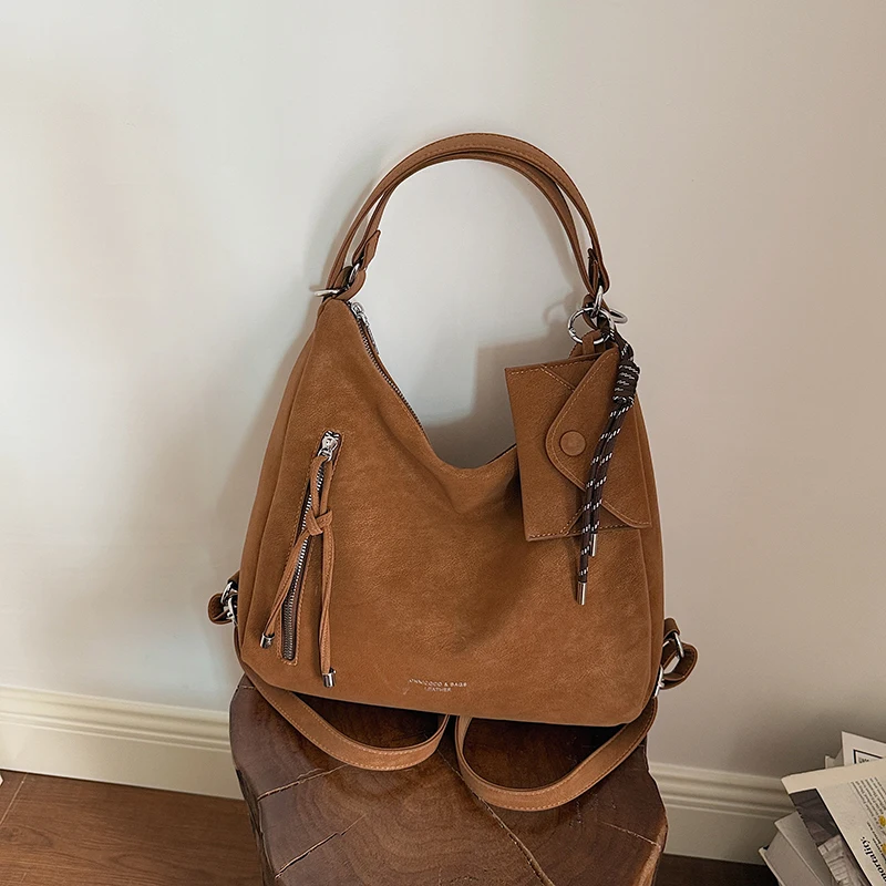 Vintage Distressed Faux Leather Hobo Bag Women Multi Zipper Pocket Shoulder Bag Adjustable Strap Crossbody Underarm Bag