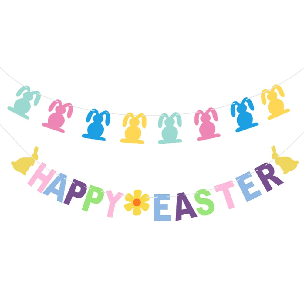 

2Sets Easter Rabbit Bunting Colorful Felt Banner with Happy Easter Letter Pattern Decor for Party Wall Window Door Tree Indoor