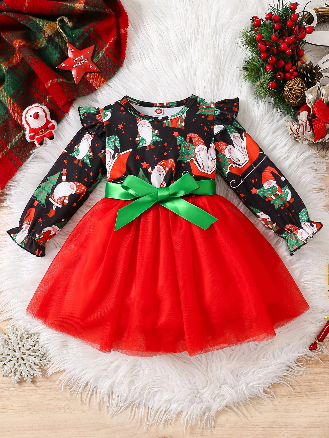 2024 new Christmas Costume 2 To 8 Years Girl Dresses for kids Cartoon printing Long Sleeved red Mesh Princess Party Dresses