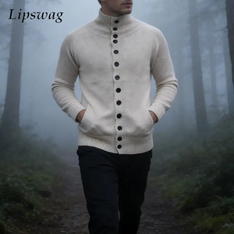 

Зимний повседневный мужской облегающий кардиган, топы, винтажный однобортный свитер с воротником-стойкой, мужские куртки 2026, весенний свитер