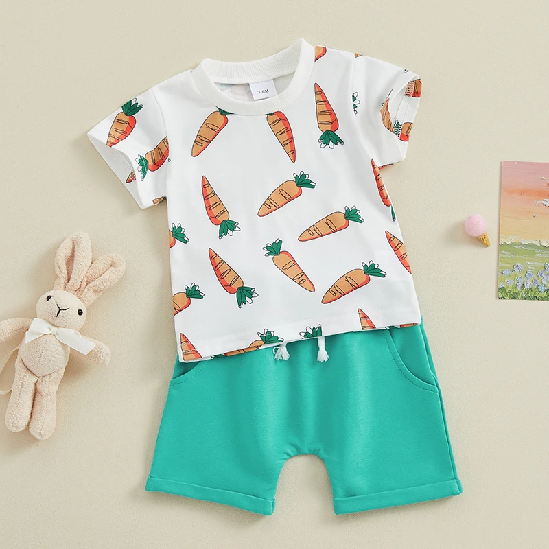 

Toddler Boys Easter Outfit Short Sleeve Bunny Print Shirt and Solid Color Shorts Set for Spring Celebrations