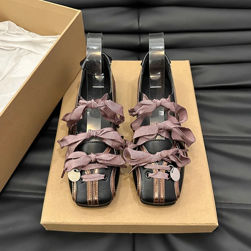 Zapatillas de ballet Mary Jane con punta redonda y tacón bajo, color negro, morado, con cordones, abalorio de Metal plateado, zapatos de lujo de diseñador, bailarinas, zapatos de mujer
