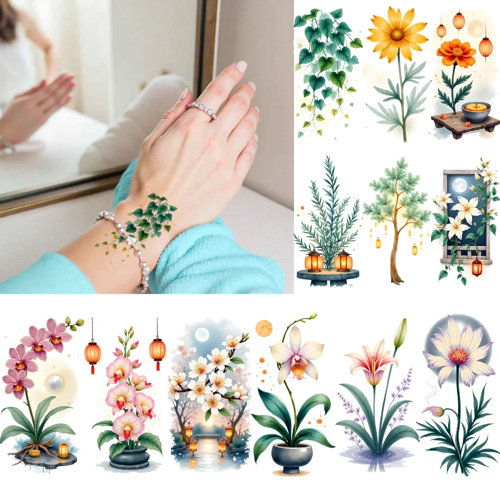 

9 шт. временные татуировки цветочные татуировки водостойкие долговечные наклейки для тела ботанические татуировки акварель для детей руки