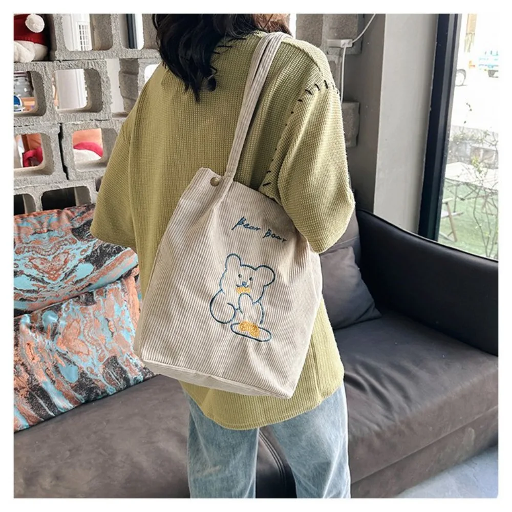 Women Corduroy Shoulder Bag High-capacity Bear Ladies Casual Handbag Tote Bag Reusable Large Capacity Cotton Shopping Beach Bags