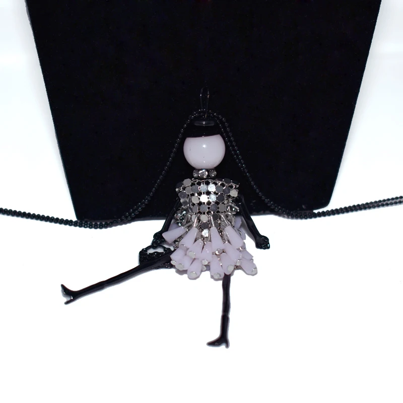 Fashion Delicate Dancing Girl Black&Pink Crystal Pendant Necklaces Women Jewelry Birthday Gift Street Trends Long Sweater Chain