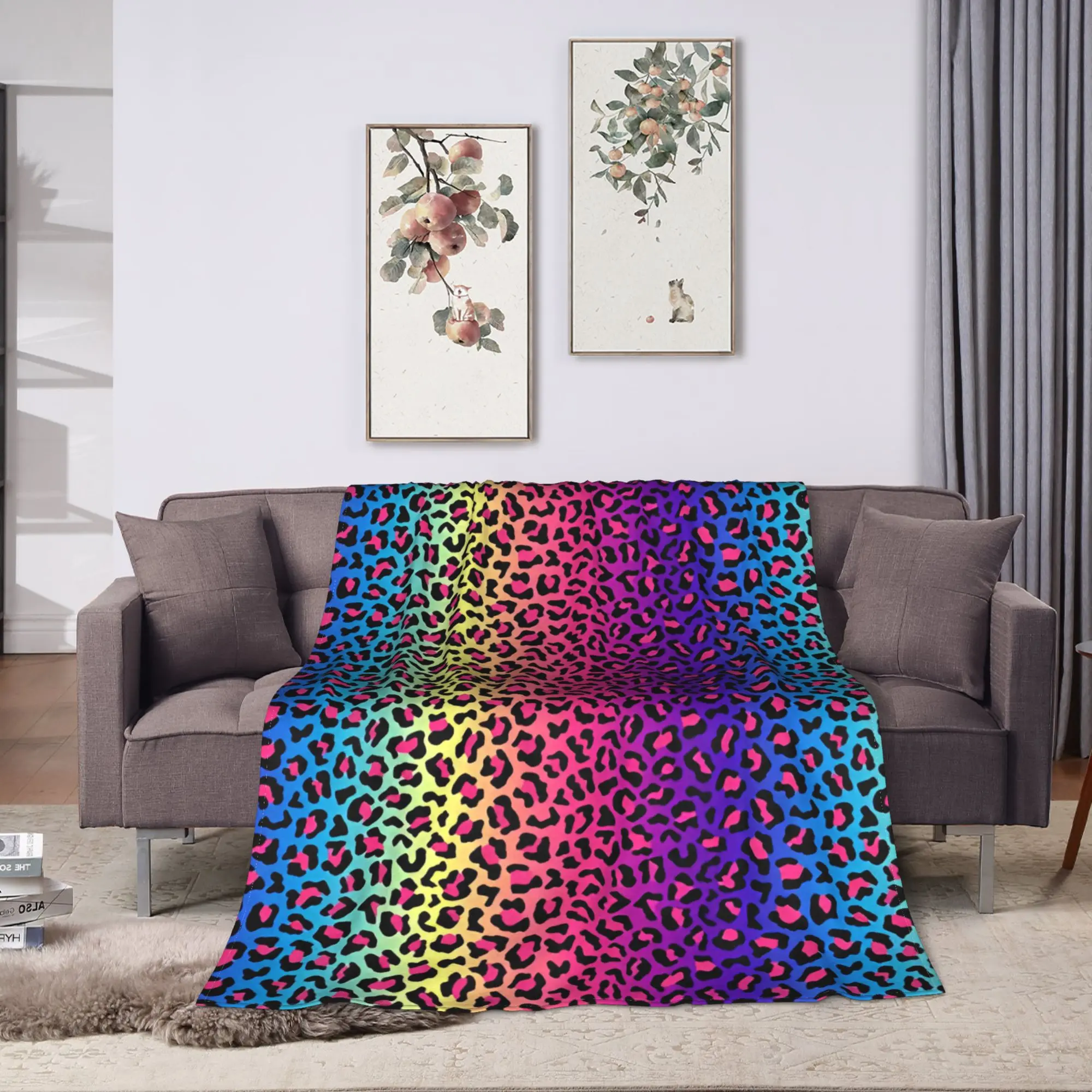 Rainbow Leopard Blanket  Warm Soft Street Trend Plush Throw Blanket For Couch Bed Camping Flannel Bedspread Bed Cover
