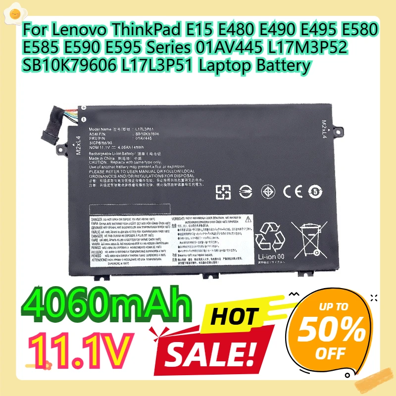 For Lenovo ThinkPad E15 E480 E490 E495 E580 E585 E590 E595 Series 01AV445 L17M3P52 SB10K79606 L17L3P51 Laptop Battery