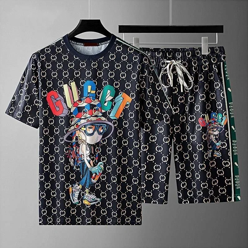 

New Popular Luxury Fashion Cartoon Printed Sports Suit Men's Season Trendy Brand Short-sleeved T-shirt Loose Casual Shorts