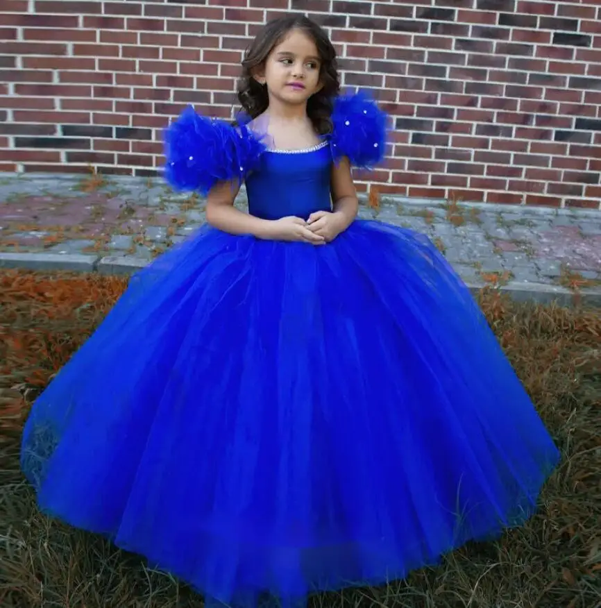 

Royal Blue Cinderella Ball Gown Flower Girl Dress Birthday Party Dresses Ruffles Beads Costumes First Communion Dress