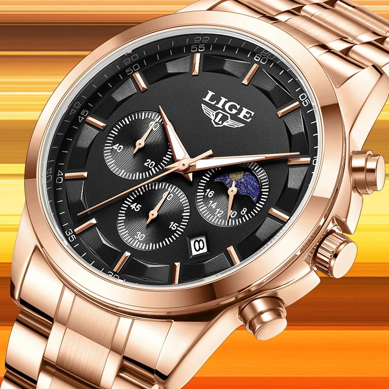 

LIGE Роскошные кварцевые мужские часы, лучший бренд, модные деловые мужские часы из нержавеющей стали с календарем и фазой Луны, водонепроницаемые часы для мужчин