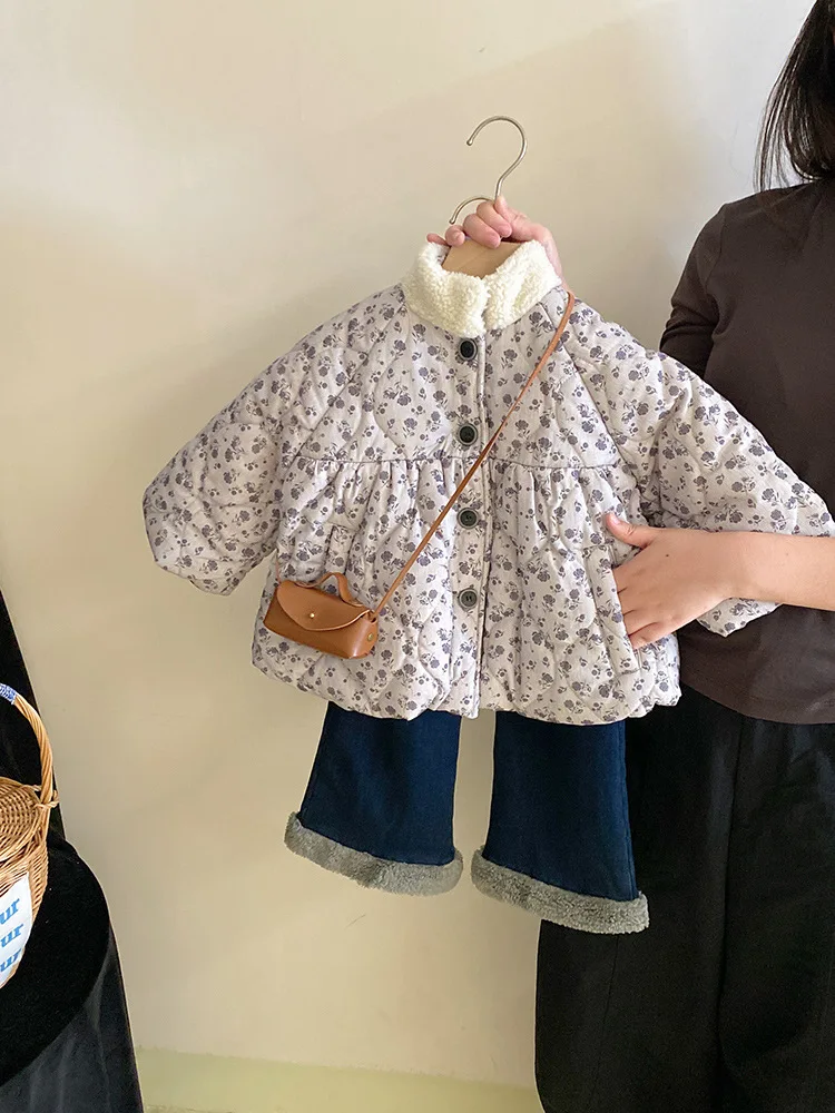 

Little Girl Mori Style Floral Quilted to Keep Warm Cotton Coat Jacket2024Autumn and Winter New Fleece Padded Jeans Fashion Suit