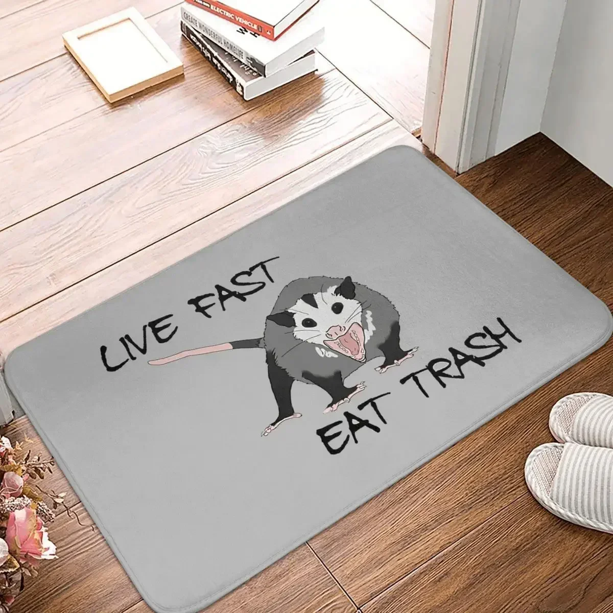 Meme Anti-Slip Rug Doormat Kitchen Mat Live Fast Eat Trash Possum Opossum Hallway Carpet Indoor Decorative