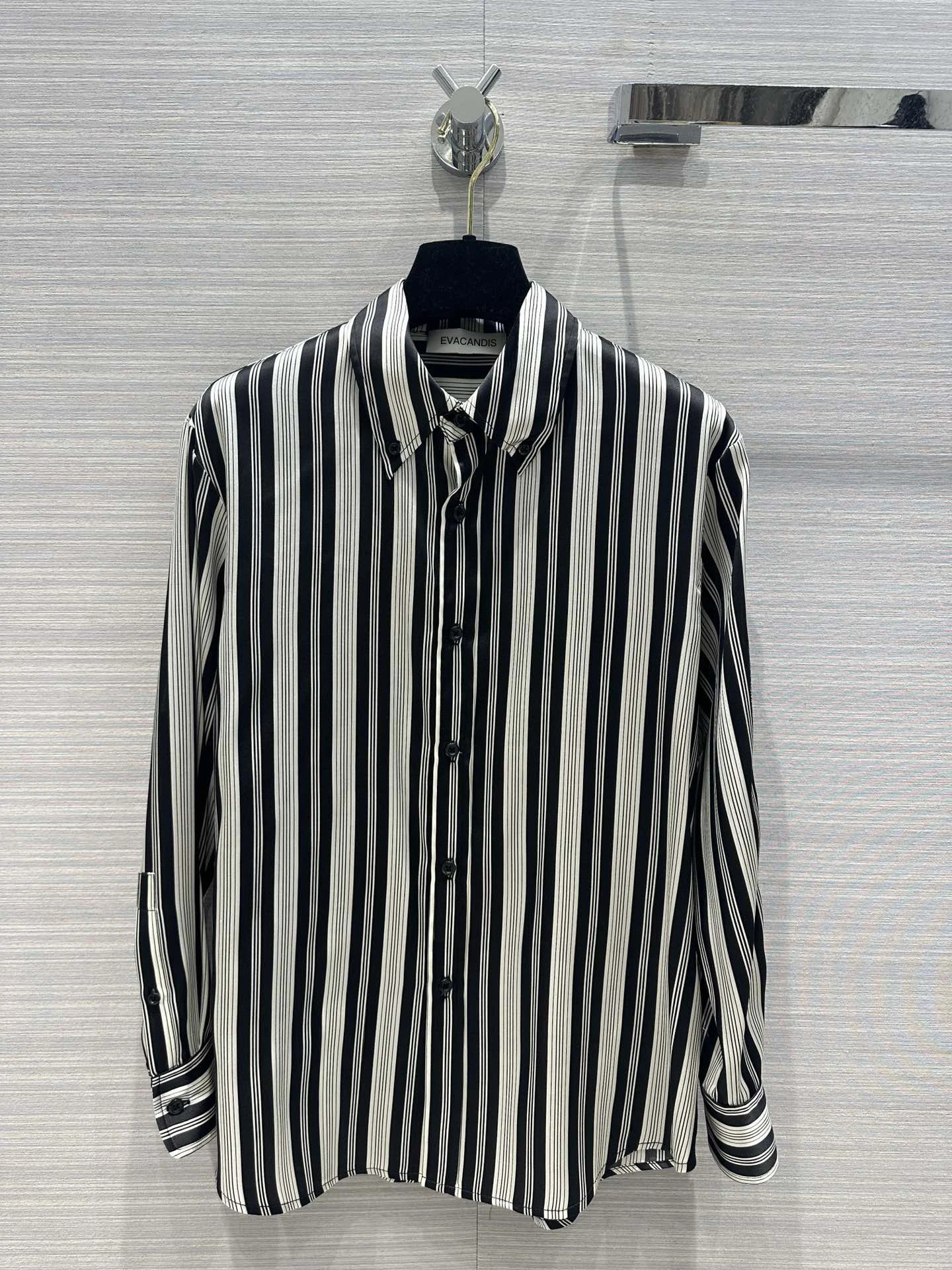 EVACANDIS 100% Real Silk Striped Letter Printing Long Sleeve Shirts Women Spring New Chic Casual High Quality Office Lady Luxury