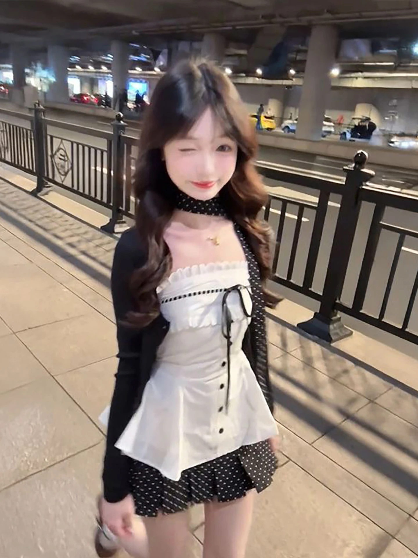 

New Fashionable Short Knitted Cardigan with Knot And Polka Dot Skirt Set for Petite Women Spring Autumn Casual Wear