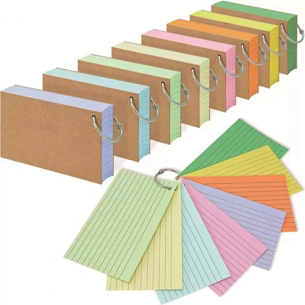 Kraft Paper Colored Index Cards Flash Cards with Metal Ring Thickened Paper Lined on Both Side Notecards Ruled Study Card