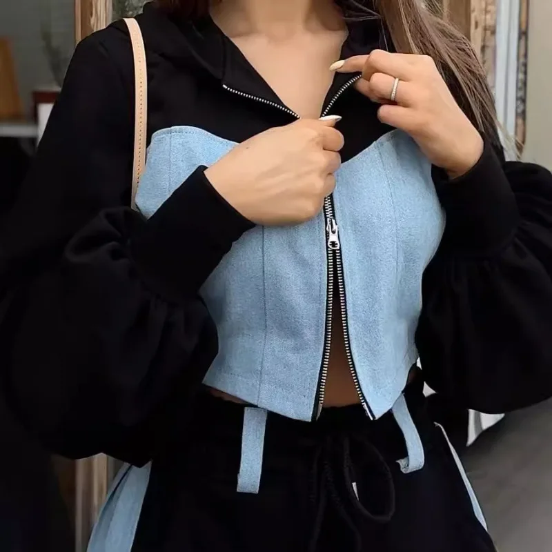 2025 estilo europeu e americano moda casual hoodie denim retalhos com capuz superior calças compridas conjunto de duas peças roupas femininas