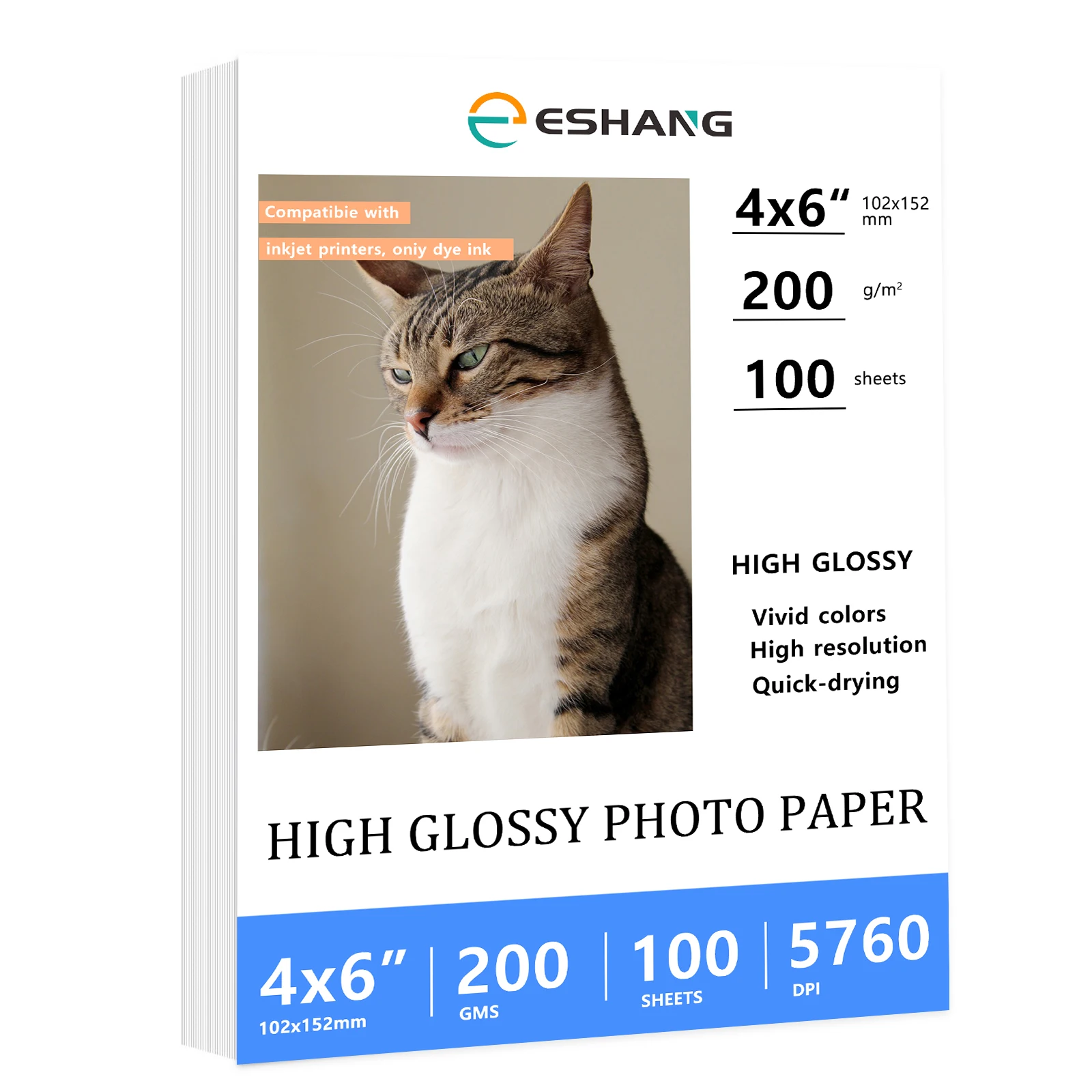100 Sheets 200Gsm 53Ib 4 x 6 Inches Size（102x152mm ） High Glossy Photo Paper For Inkjet Printer