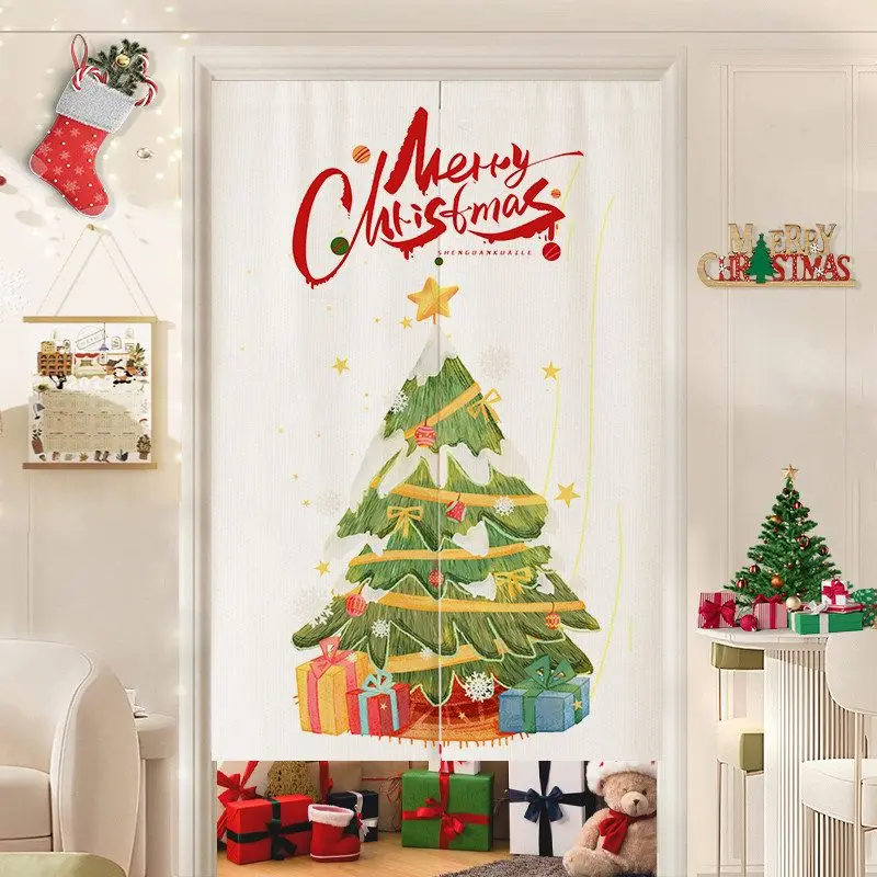 VIKAMA Christmas Door Curtain Red Santa Reindeer Snowman Gift Print Noren For Entryway Kitchen Bedroom Living Room Decor
