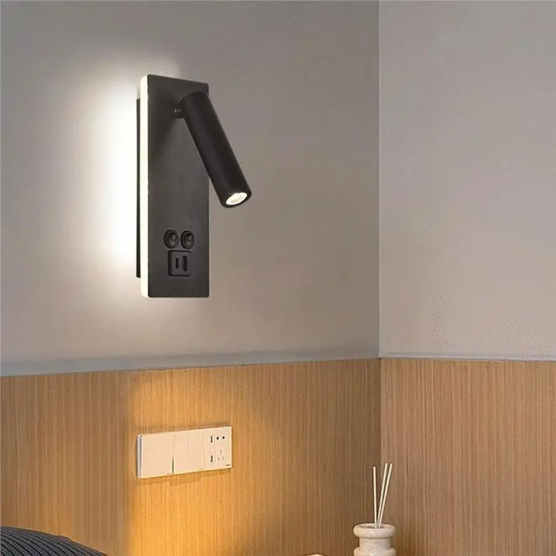 [NEW!AA73】 Innovative LED Black And White Rotatable Wall Lamp With USB Port Bedroom Bedside Reading Lamp Wall Lamp