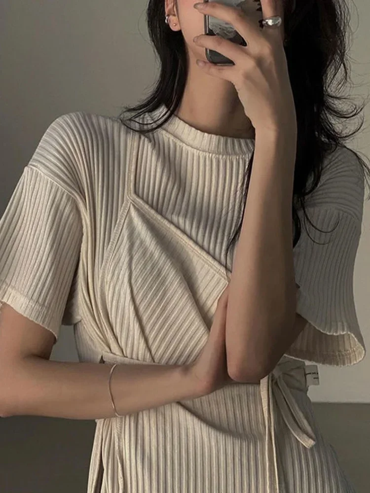 Women -neck Casual Y2k Sexy Asymmetrical Tee Dresses Vestido 2025 Summer Korean Fashion Bandage Split Side Long T-shirt Dress