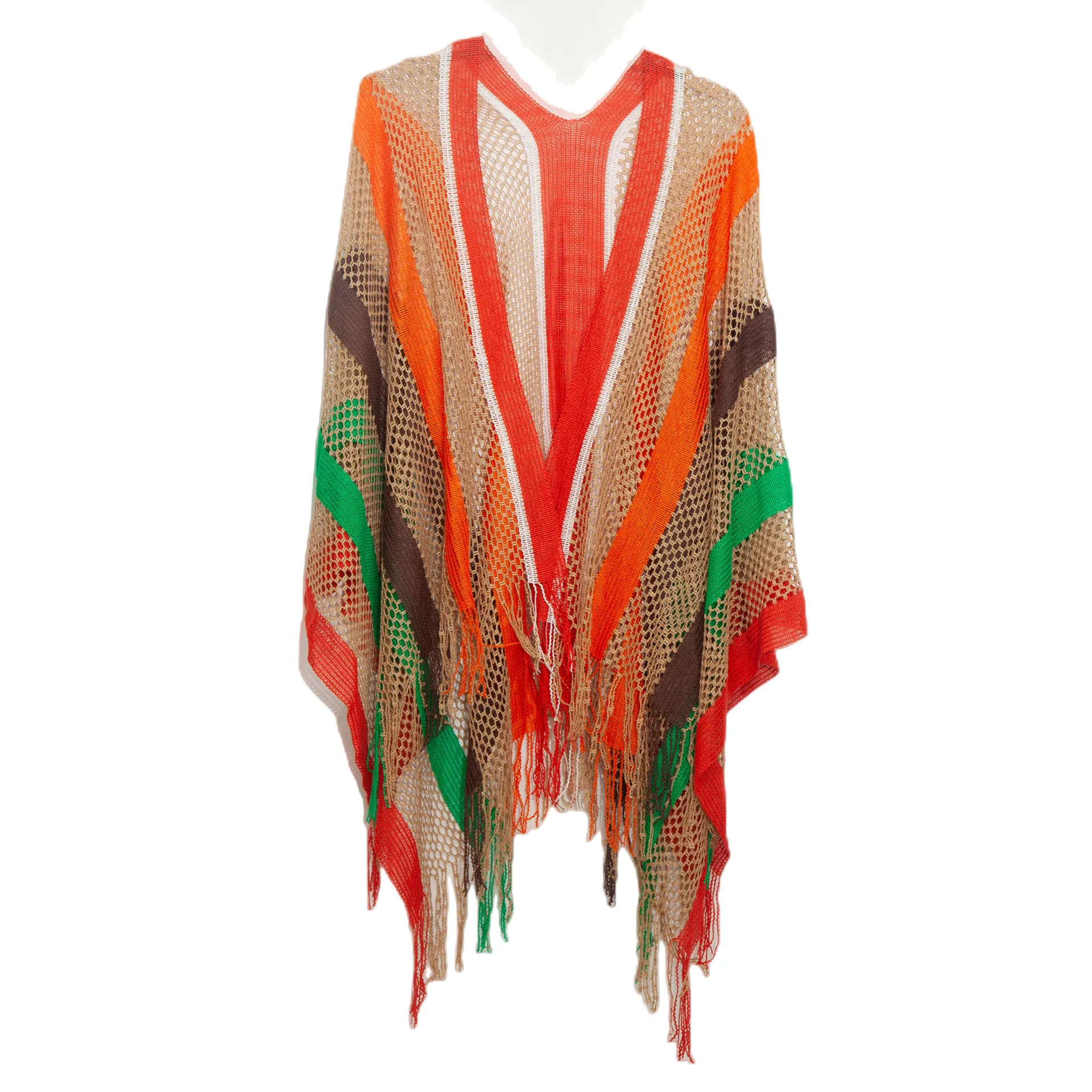 

Cloak Women's Cloak Tourism Ethnic Style Rainbow Stripes Summer Sunscreen Thin Hollow Shawl Lady Poncho Capes