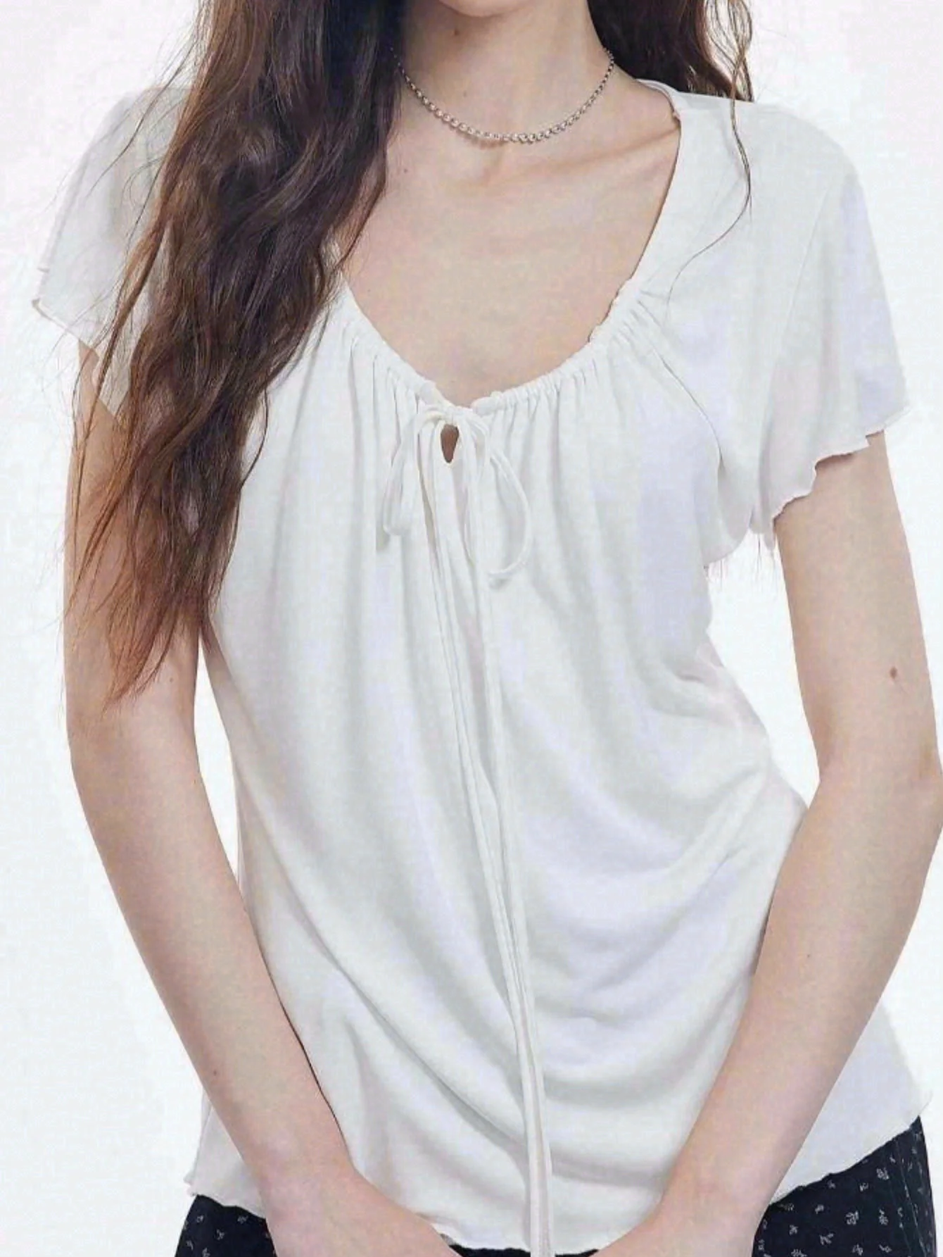 Loose Holiday Pleated Lace-Up Waist Slimming Short-Sleeved T-Shirt Korean Top