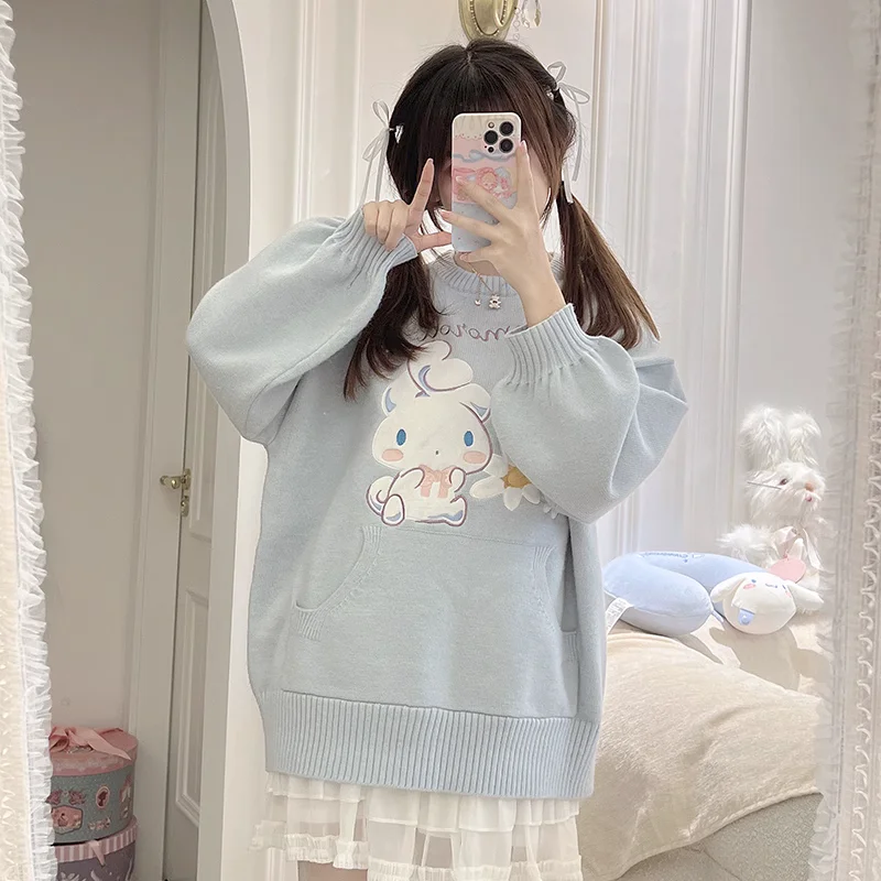 

Cute Cinnamoroll Sweater Sanrioed Anime Kawaii Lolita Autumn Cartoon Sweater Embroidery Student Girl Sweet Loose Knitting Tops