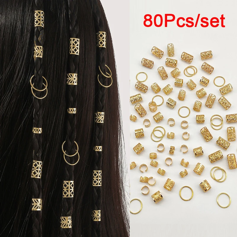 80pcs Hair Braiding Metal Cuffs DIY Hollow Out Hair Ring Dreadlocks Beads Hair Braid Rings Clip Dread Decoration/Accessories