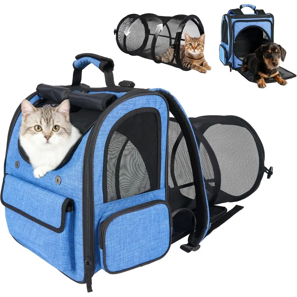 

2-in-1 Breathable Mesh Cat Backpack with Detachable Play Tunnel, Holds Up to 17lbs Cats & 13lbs Small Dogs, Blue